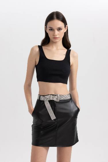 Coool A Cut Faux Leather Mini Knitted Skirt