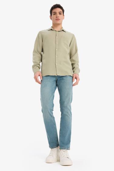 Regular Fit Basic Düz Tensel Uzun Kollu Gömlek