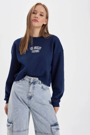 Coool Oversize Geniş Kalıp Bisiklet Yaka Baskılı Kalın Sweatshirt