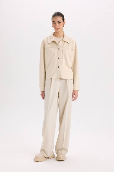 Shirt Collar Pocketed Suede Crop Jacket