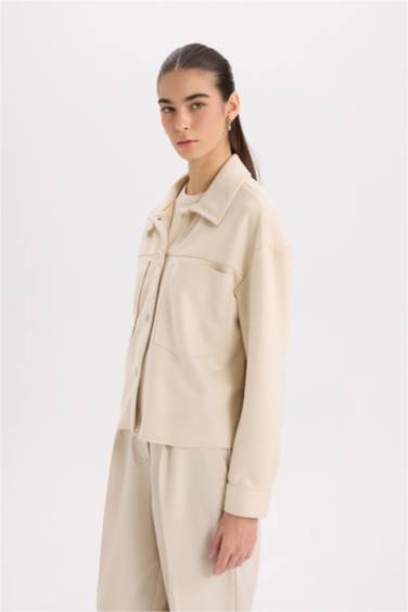 Shirt Collar Pocketed Suede Crop Jacket