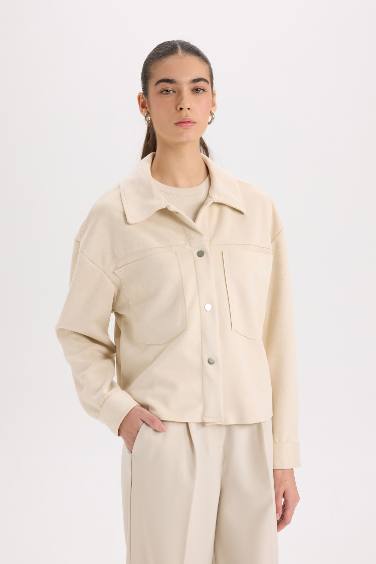 Shirt Collar Pocketed Suede Crop Jacket