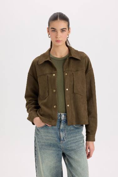 Crop Shirt Collar Suede Long Sleeve Shirt