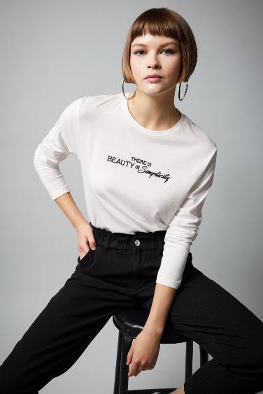 Regular Fit Crew Neck Slogan modal Long Sleeve T-Shirt