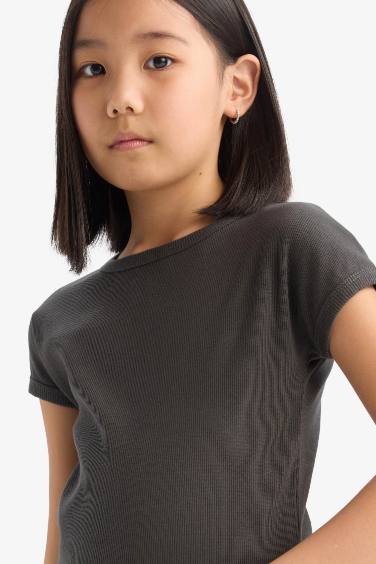 Girl Slim Fit Crew Neck Basic Corduroy T-shirt