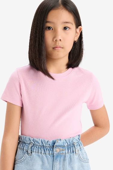 Kız Çocuk Slim Fit Dar Kesim Bisiklet Yaka Ribana Basic Düz Kısa Kollu Tişört