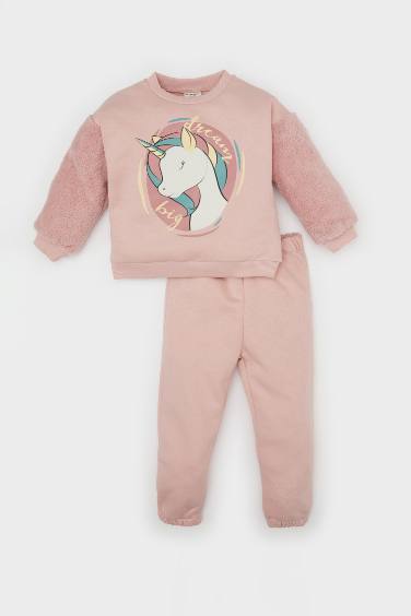 Kız Bebek 2'li Takım Unicorn Baskılı Bisiklet Yaka Sweatshirt Eşofman Altı 