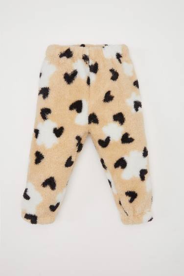 Kız Bebek 2'li Takım Kalp Desenli Pelüş Sweatshirt Beli Lastikli Alt