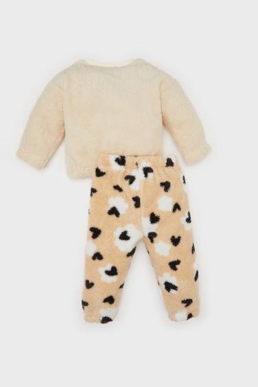 Kız Bebek 2'li Takım Kalp Desenli Pelüş Sweatshirt Beli Lastikli Alt