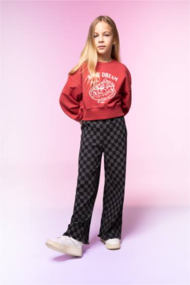 بنطلون بناتي مضلع وايد ليج