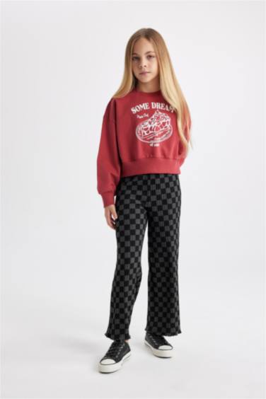 بنطلون بناتي مضلع وايد ليج