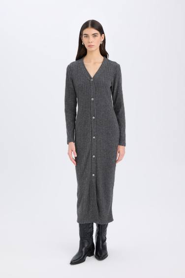 тығыз көйлек v жаға ұзын жеңді Ұзын жеңді трикотаж көйлек