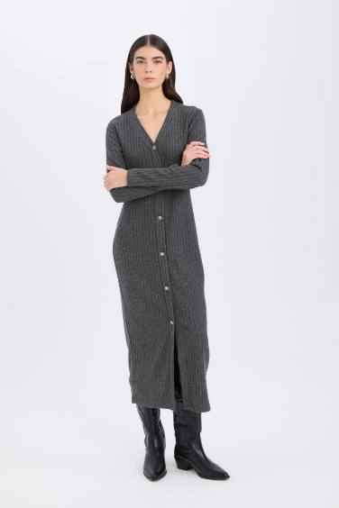 тығыз көйлек v жаға ұзын жеңді Ұзын жеңді трикотаж көйлек