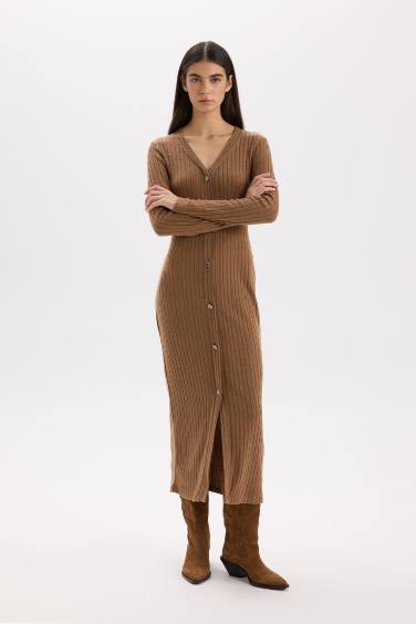 тығыз көйлек v жаға ұзын жеңді Ұзын жеңді трикотаж көйлек