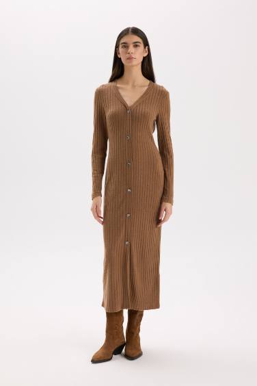 тығыз көйлек v жаға ұзын жеңді Ұзын жеңді трикотаж көйлек