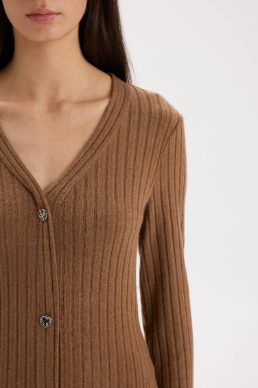 тығыз көйлек v жаға ұзын жеңді Ұзын жеңді трикотаж көйлек