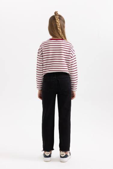 بنطلون بناتي قصة مستقيمة جينز بجيب