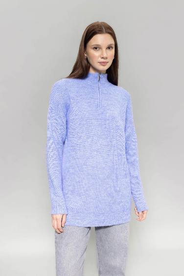 Regular Fit Zippered Stand Collar Knitted Pullover Tunic