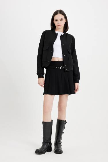 Su Geçirmez Kolej Yaka Rüzgar Geçirmez Çıtçıtlı Cepli Kısa Bomber Ceket