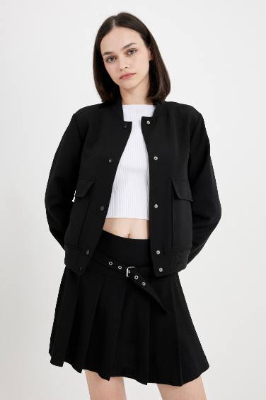 Su Geçirmez Kolej Yaka Rüzgar Geçirmez Çıtçıtlı Cepli Kısa Bomber Ceket