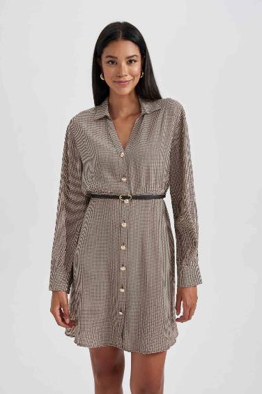 Shirt Collar Houndstooth Twill Mini Dress