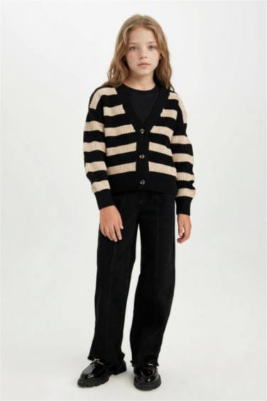 كارديجان تريكو بناتي مخطط قصة عادية بياقة V