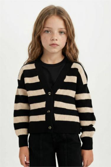 كارديجان تريكو بناتي مخطط قصة عادية بياقة V