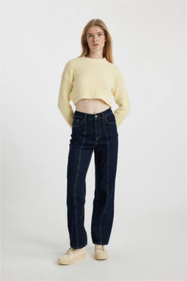 بلوفر تريكو قصة عادية برقبة مستديرة