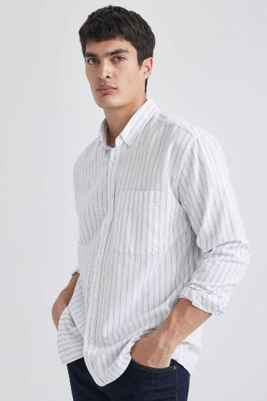 Relax Fit Polo Collar Striped Oxford Long Sleeve Shirt