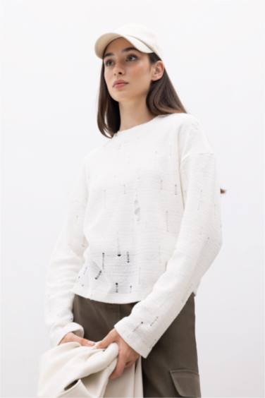 Kroşe Fit Bisiklet Yaka Uzun Kollu Kroşe Tişört Tunik