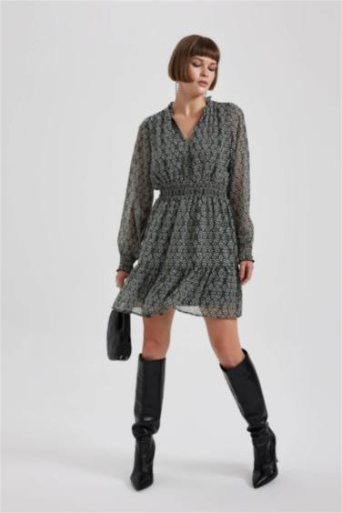 V Neck Patterned Chiffon Mini Dress