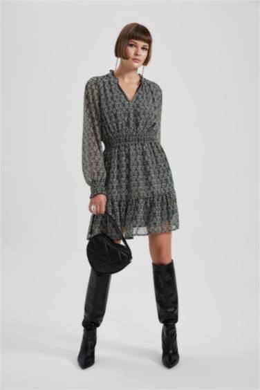 V Neck Patterned Chiffon Mini Dress