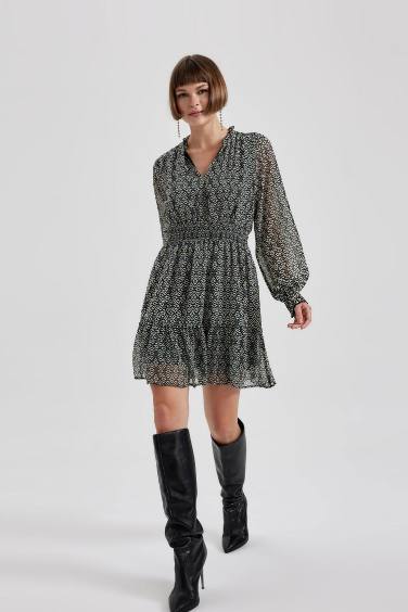 V Neck Patterned Chiffon Mini Dress