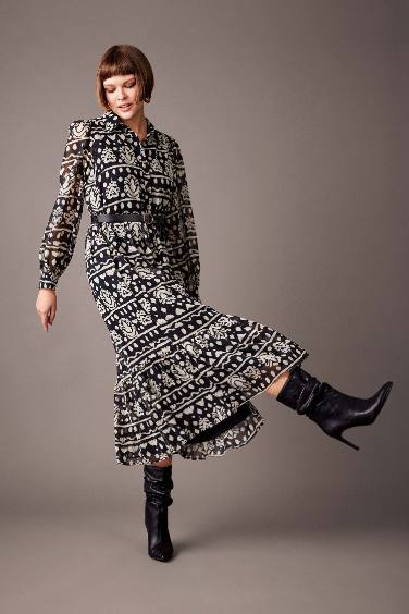 فستان ميدي شيفون كم طويل بياقة قميص