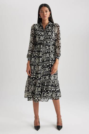 فستان ميدي شيفون كم طويل بياقة قميص