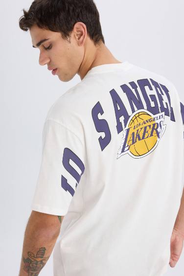 DeFactoFit NBA Los Angeles Lakers Oversize Geniş Kalıp Bisiklet Yaka Kısa Kollu Tişört