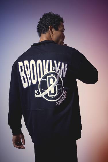 DeFactoFit NBA Brooklyn Nets Oversize Geniş Kalıp Fermuarlı Dik Yaka Sweatshirt