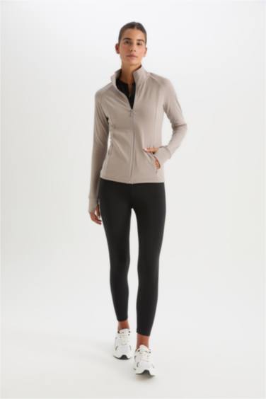 Fitted Dik Yaka Çift Cepli Fermuarlı Sporcu Hırka