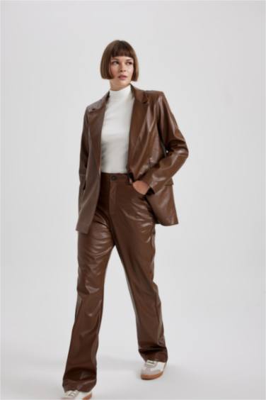 Straight Fit Regular Hem With Pockets Faux Leather Trousers