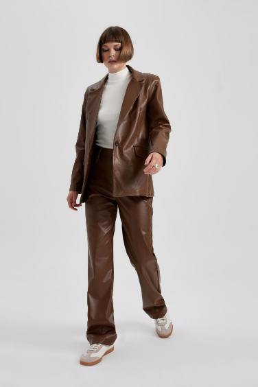 Straight Fit Regular Hem With Pockets Faux Leather Trousers