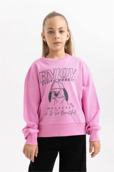 Kız Çocuk Baskılı Bisiklet Yaka İçi Yumuşak Tüylü Kalın Sweatshirt