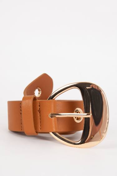 Woman Faux Leather Gold Buckled Classic Belt