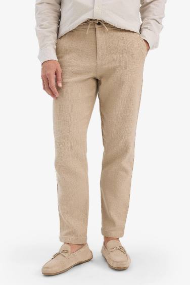 %100 Pamuk Yazlık Jogger Pantolon Regular Fit Normal Kesim Keten Görünümlü Düz Paça Cepli
