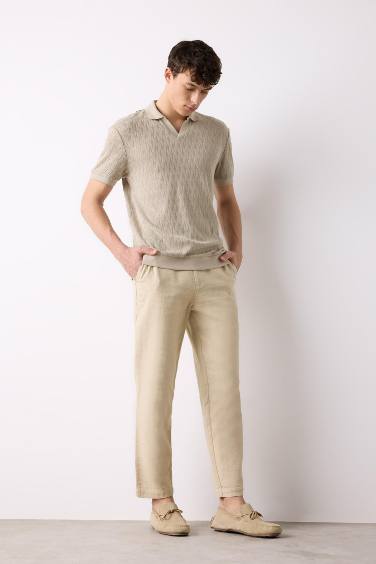 %100 Pamuk Yazlık Jogger Pantolon Regular Fit Normal Kesim Keten Görünümlü Düz Paça Cepli