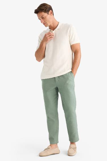 %100 Pamuk Yazlık Jogger Pantolon Regular Fit Normal Kesim Keten Görünümlü Düz Paça Cepli