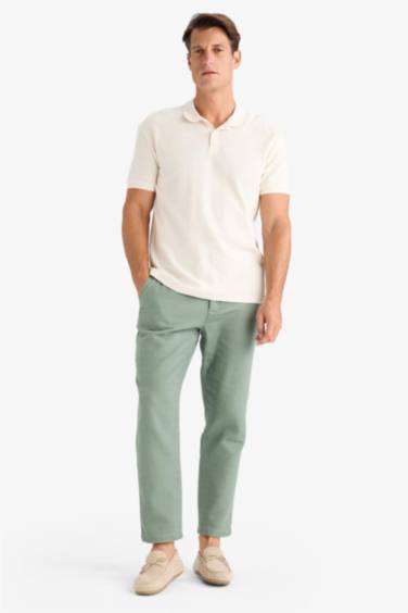 %100 Pamuk Yazlık Jogger Pantolon Regular Fit Normal Kesim Keten Görünümlü Düz Paça Cepli