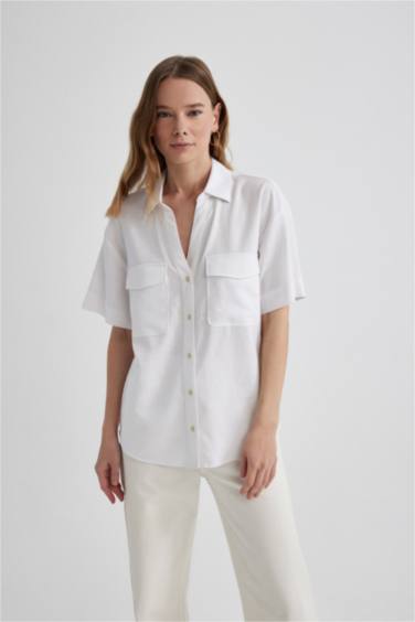 Regular Fit Shirt Collar Linen Blend Short Sleeve Shirt
