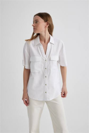 Regular Fit Shirt Collar Linen Blend Short Sleeve Shirt