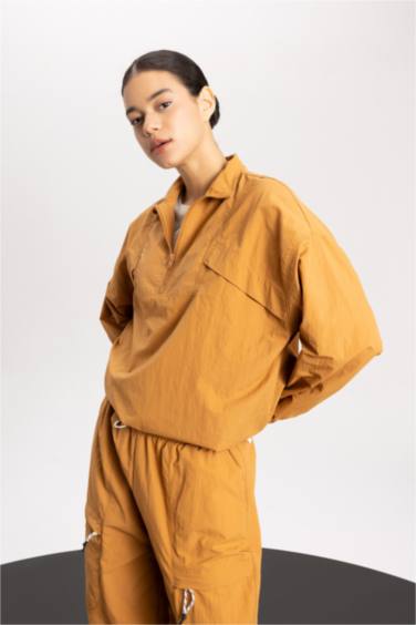 DeFactoFit Oversize Fit Stand Collar Woven Cardigan