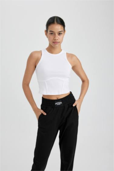 DeFactoFit Slim Fit White Ribbed Sports Crop Top